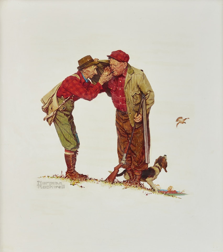 TWO OLD MEN AND DOG: HUNTING by Norman Rockwell