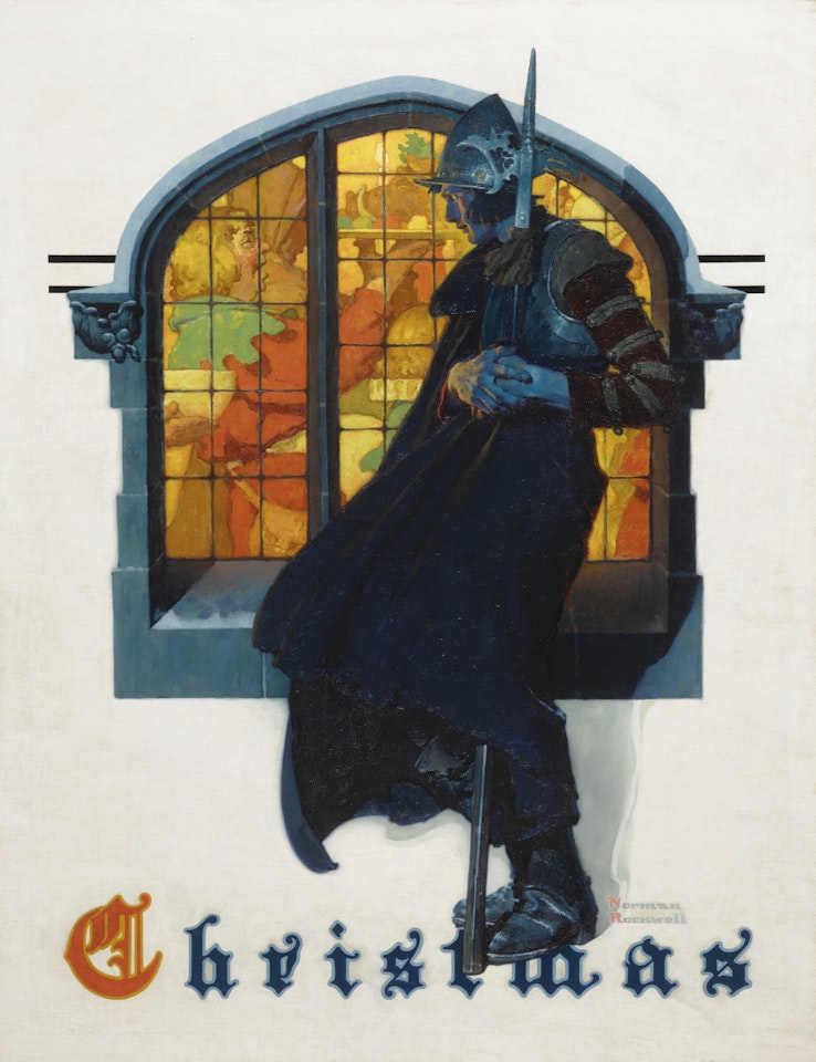 CHRISTMAS: KNIGHT LOOKING IN STAINED GLASS WINDOW by Norman Rockwell
