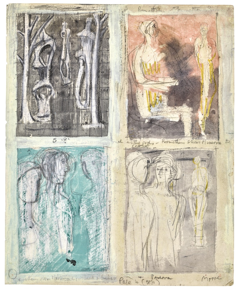 FIGURES IN THE WOOD AND PROMETHEUS SHOWS MINERVA THE STATUE by Henry Moore