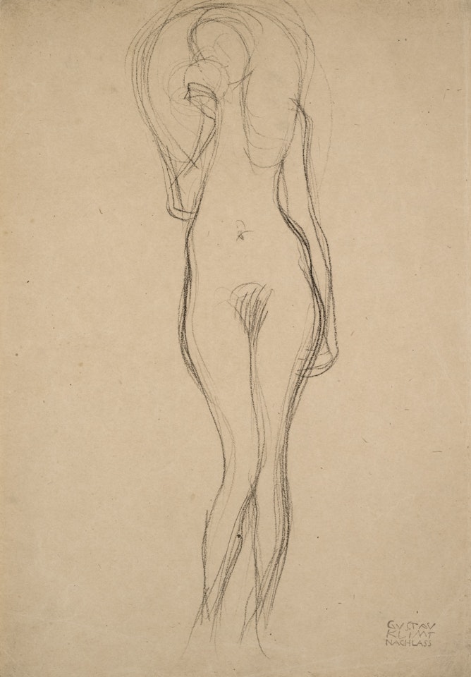 STEHENDER FRAUENAKT VON VORNE MIT ERHOBENEM RECHTEN ARM (STANDING FEMALE NUDE VIEWED FROM THE FRONT, HER RIGHT ARM RAISED (STUDY FOR VERITAS)) by Gustav Klimt