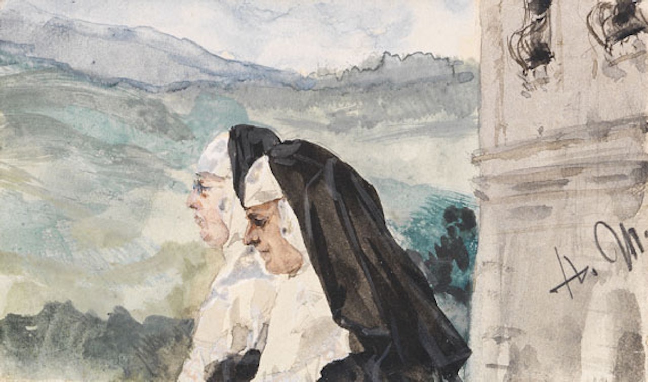 Zwei Nonnen im Klosterhof by Adolph Menzel