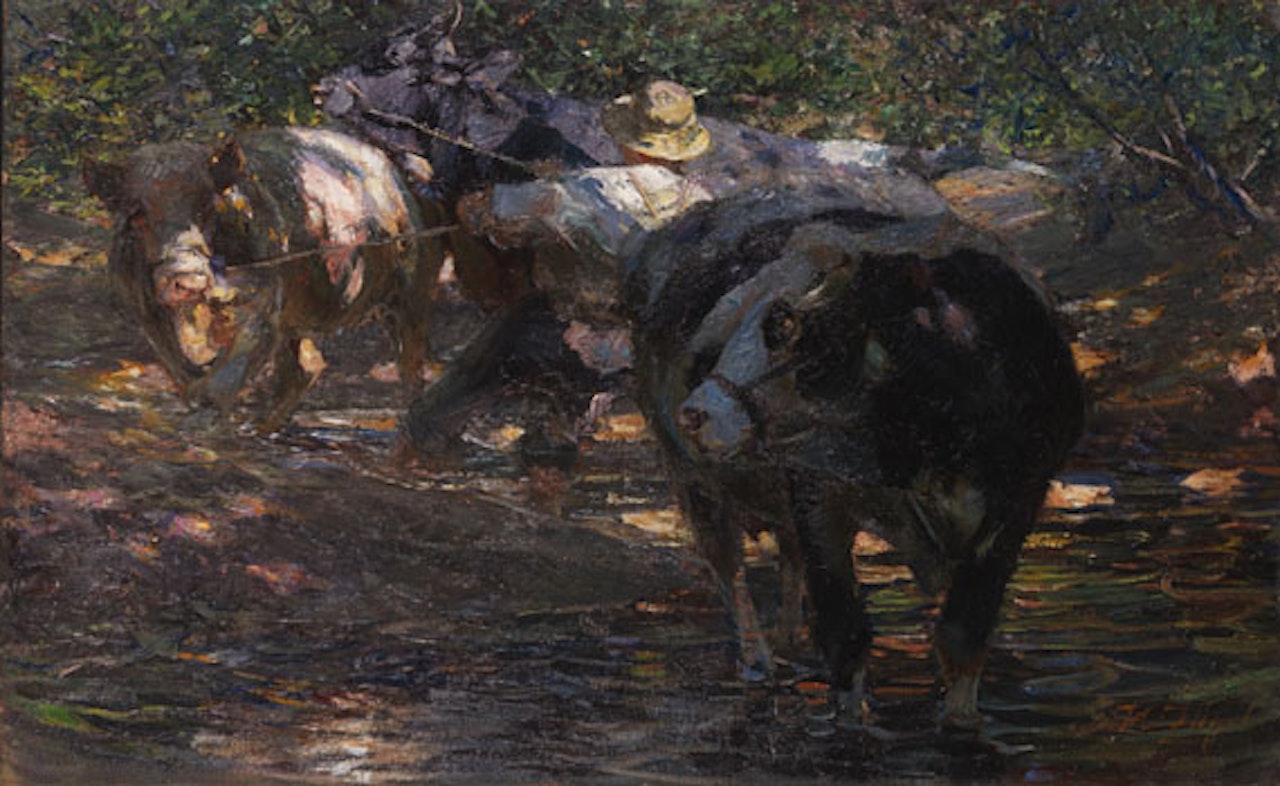 Treiber mit drei Bullen im Bienwaldbach by Heinrich von Zugel