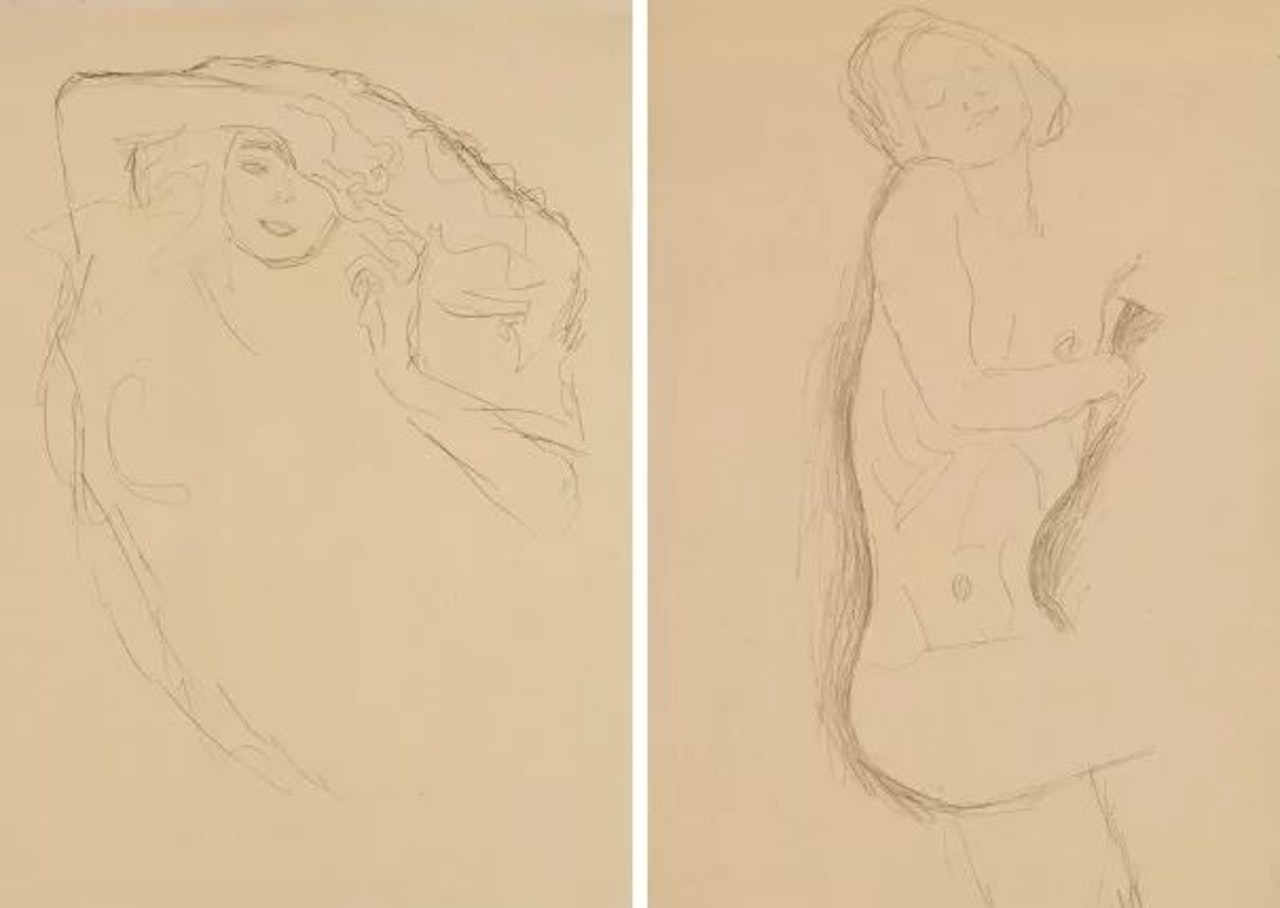 Frau mit fliegenden Haaren, das linke Auge verdeckt; Akt nach rechts by Gustav Klimt