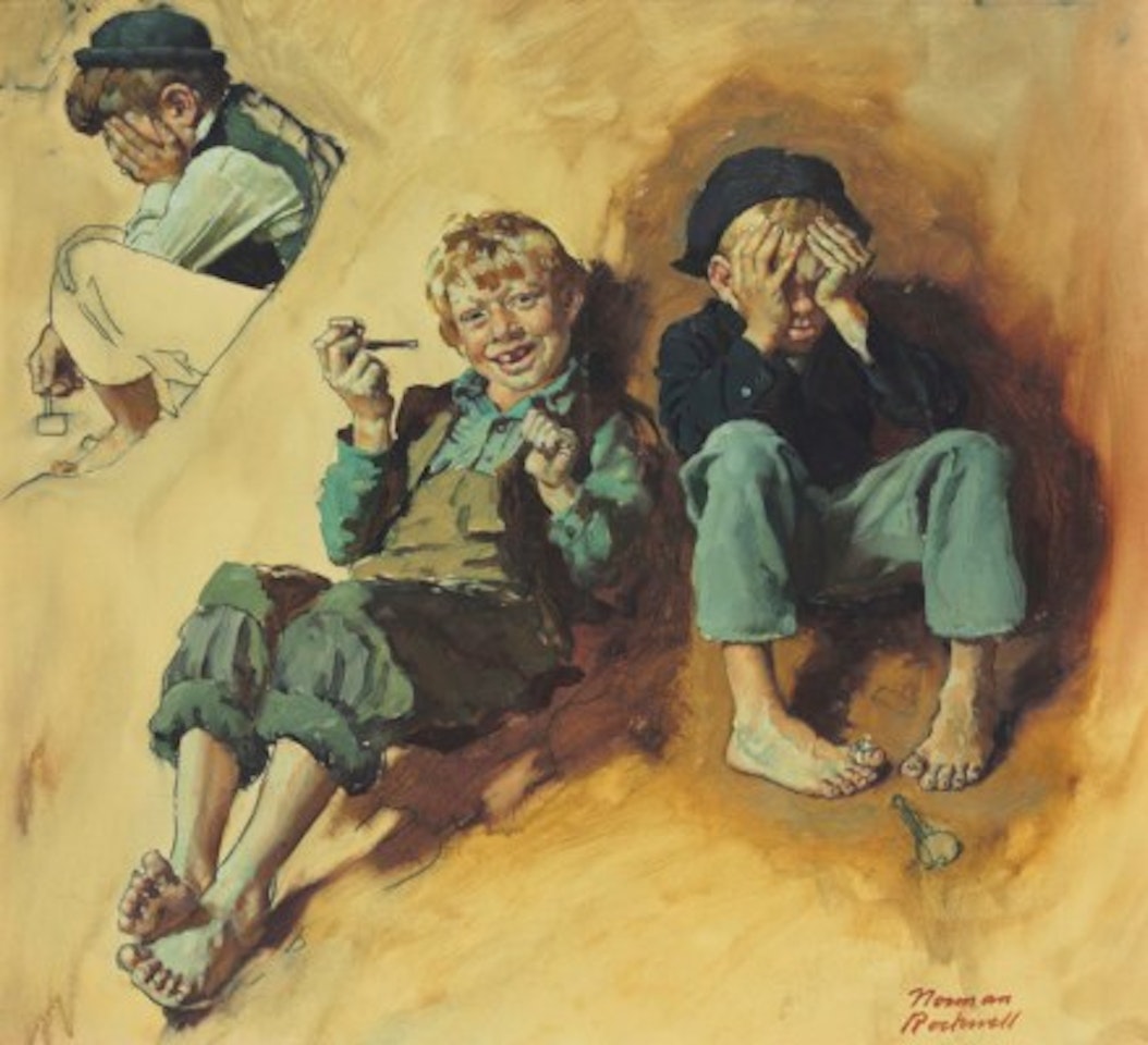 Study for 'Tom Sawyer (Huck Teaching Tom and Joe to Smoke)' by Norman Rockwell