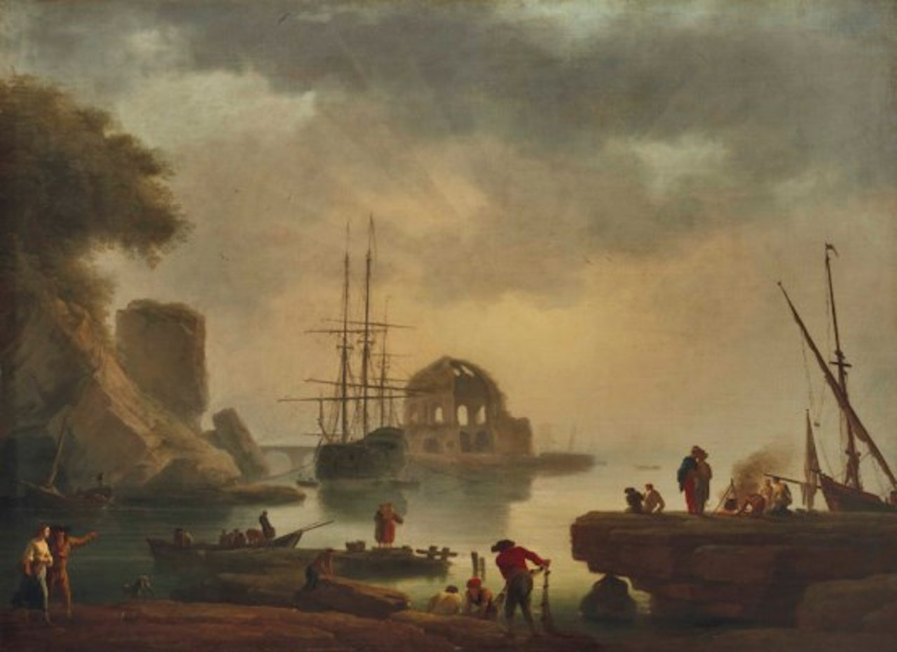 Un port méditerranéen au lever du soleil avec le temple de Minerva Medica by Claude Joseph Vernet