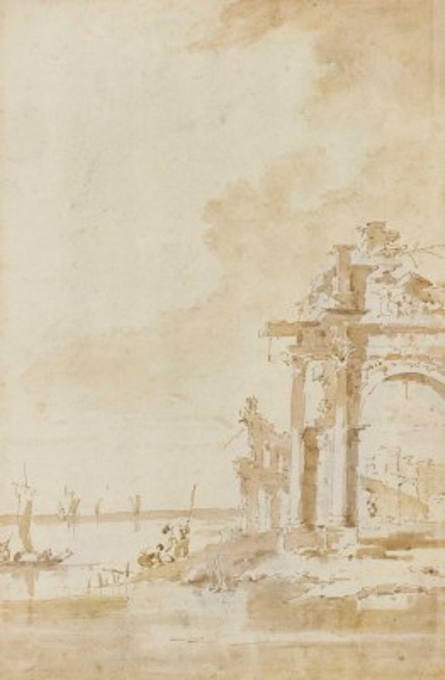 Caprice architectural avec arche en ruines sur les bords de la Lagune by Francesco Guardi