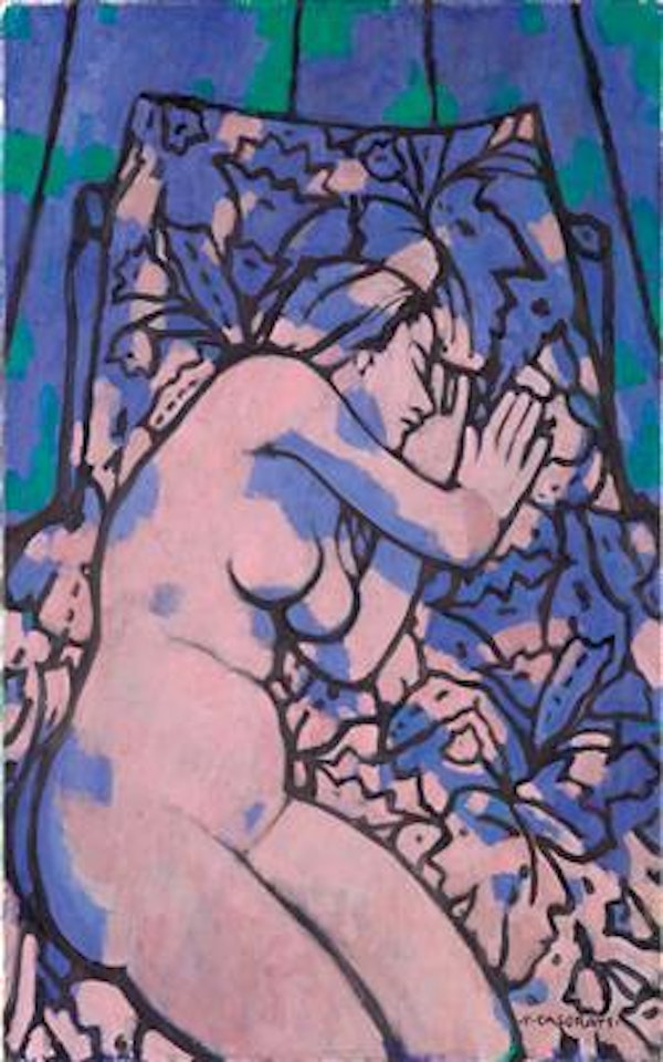 Nude sitting (with floral carpet) by Felice Casorati