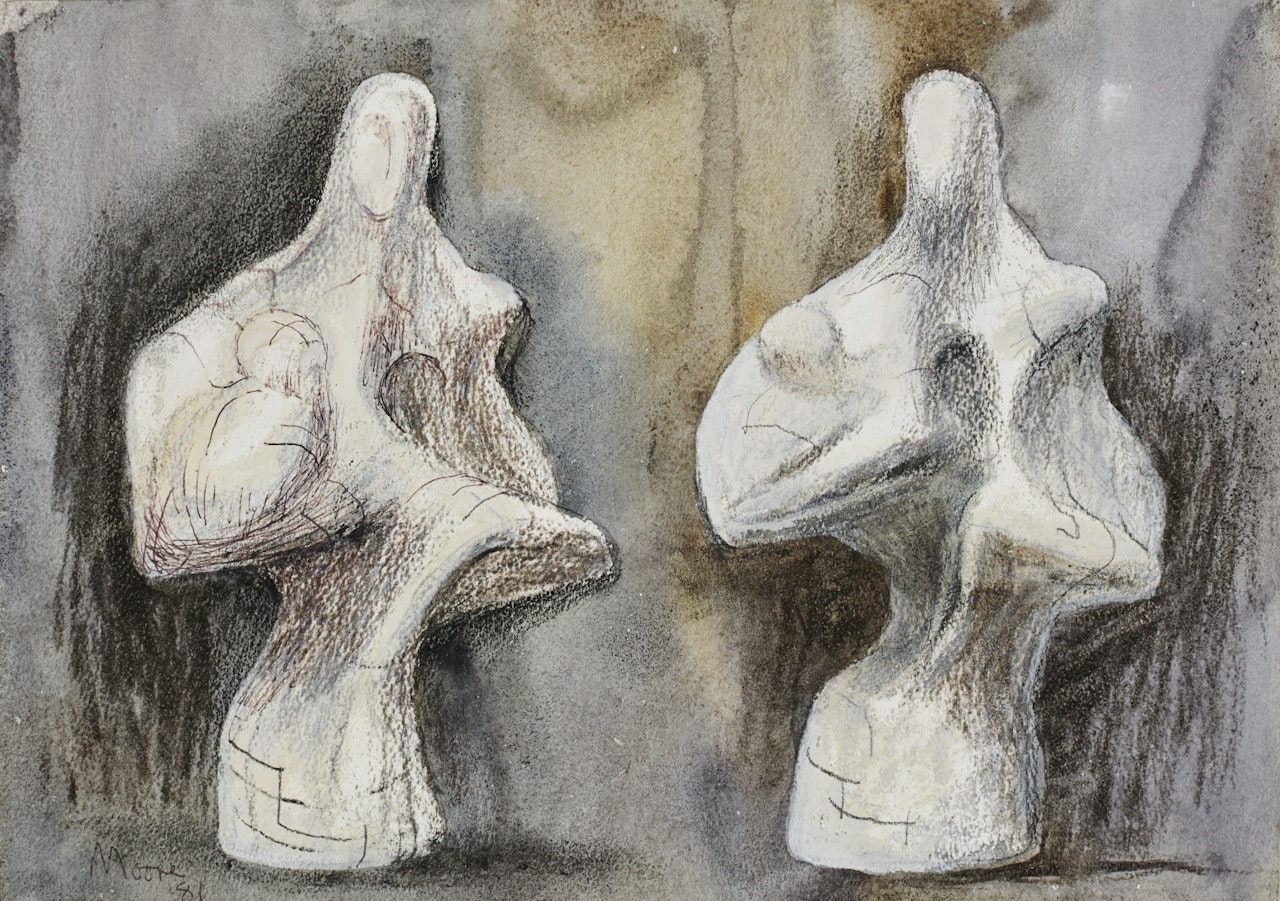 TWO VIEWS OF MOTHER AND CHILD SCULPTURE by Henry Moore