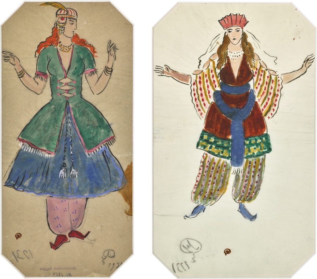 SIX COSTUME DESIGNS FOR POLOVTSIAN DANCES by Mstislav Valerianovich Dobuzhinsky