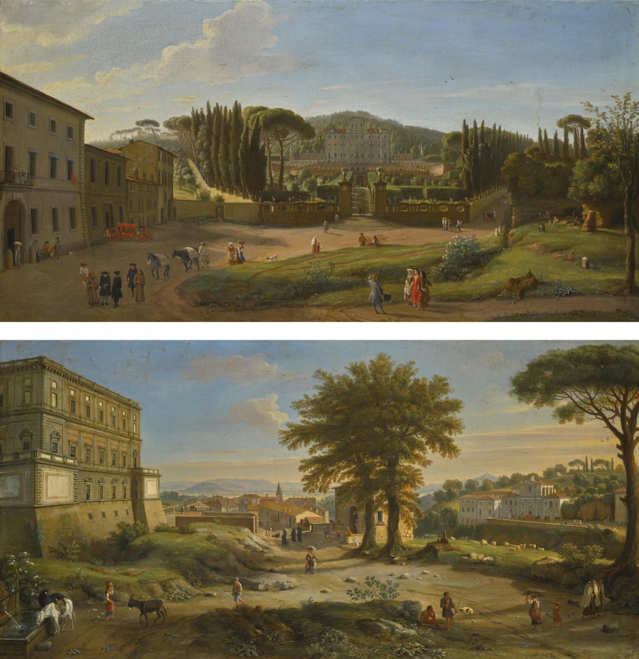 TWO LANDSCAPES WITH THE VILLA ALDOBRANDINI AT FRASCATI AND THE VILLA FARNESE AT CAPRAROLA by Gaspar van Wittel