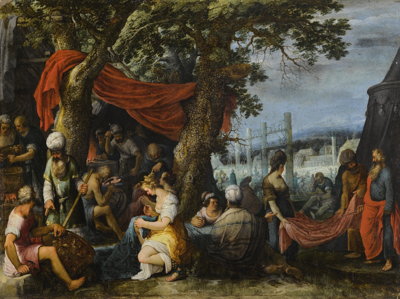 THE BUILDING OF THE TABERNACLE WITH THE ISRAELITES SEWING THE CURTAINS by Adriaen van Stalbemt