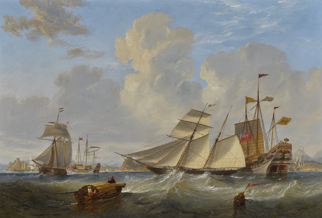 A BRITISH OPIUM SCHOONER AND OTHER SHIPPING OFF HONG KONG by John Wilson Carmichael