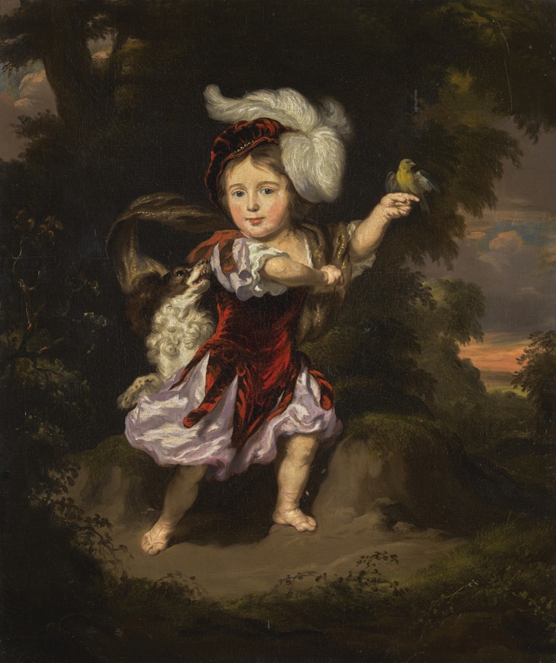 PORTRAIT OF A CHILD IN A LANDSCAPE, WITH A DOG AND A GOLDFINCH by Nicolaes Maes