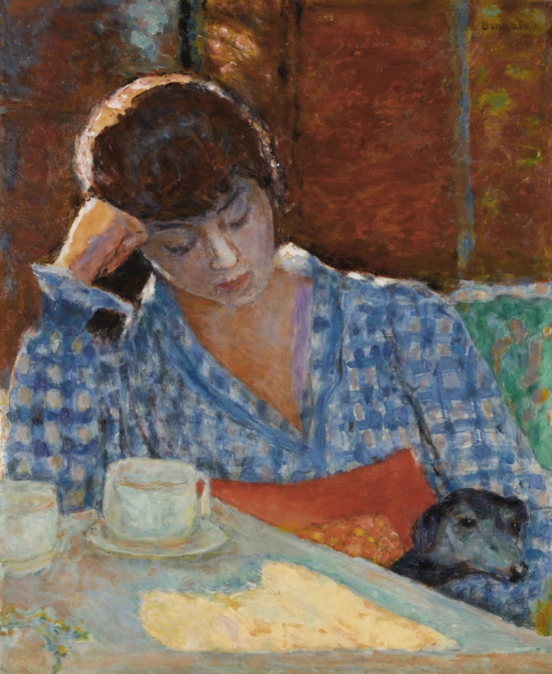 FEMME ACCOUDÉE AVEC CHIEN ET NATURE MORTE by Pierre Bonnard