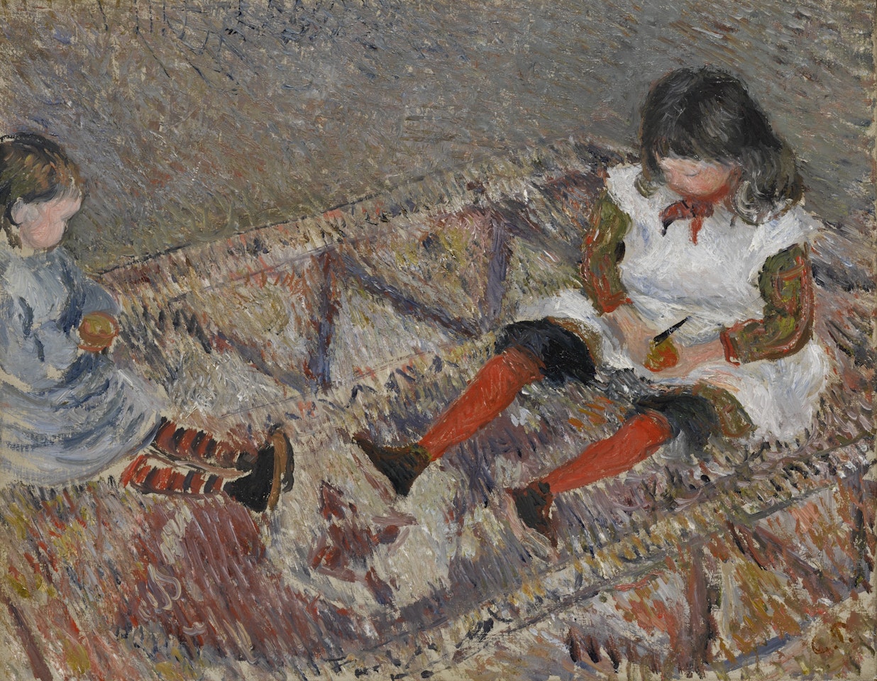 JEANNE DITE COCOTTE, ET LUDOVIC RODOLPHE PISSARRO SUR UN TAPIS by Camille Pissarro