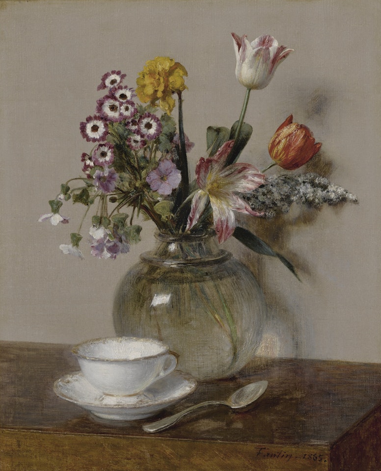 FLEURS DE PRINTEMPS AVEC UNE TASSE ET UNE SOUCOUPE by Henri Fantin-Latour