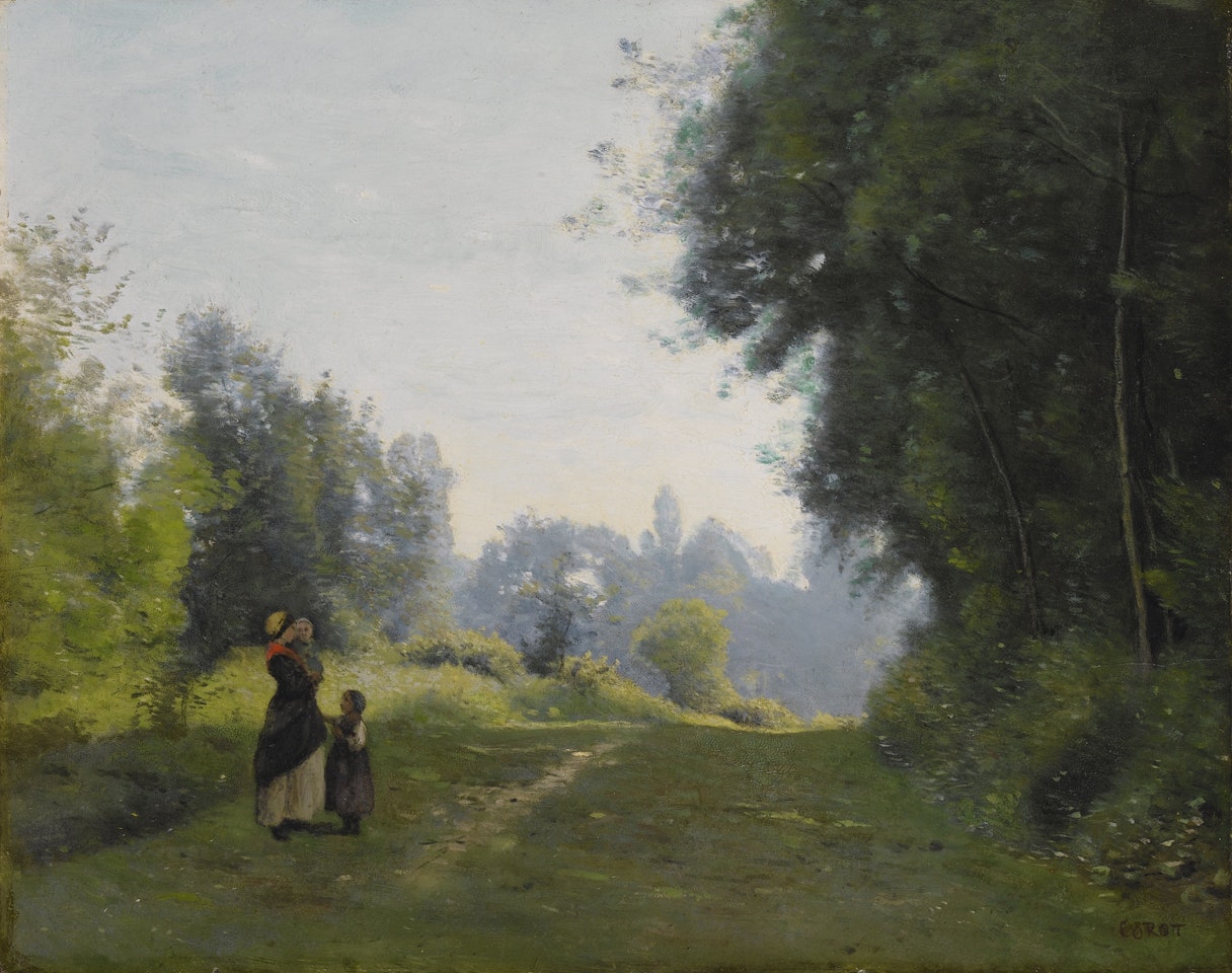 VILLE-D'AVRAY. RAYONS DU MATIN. JEUNE PAYSANNE ET SES DEUX ENFANTS SUR UN CHEMIN by Jean Baptiste Camille Corot