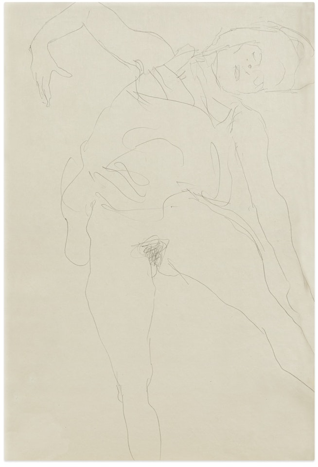 LIEGENDER HALBAKT MIT ERHOBENEM ABGEWINKELTEN RECHTEN UND GESENKTEM LINKEN ARM (RECLINING NUDE, RIGHT BENT ARM RAISED, LEFT ARM LOWERED) by Gustav Klimt