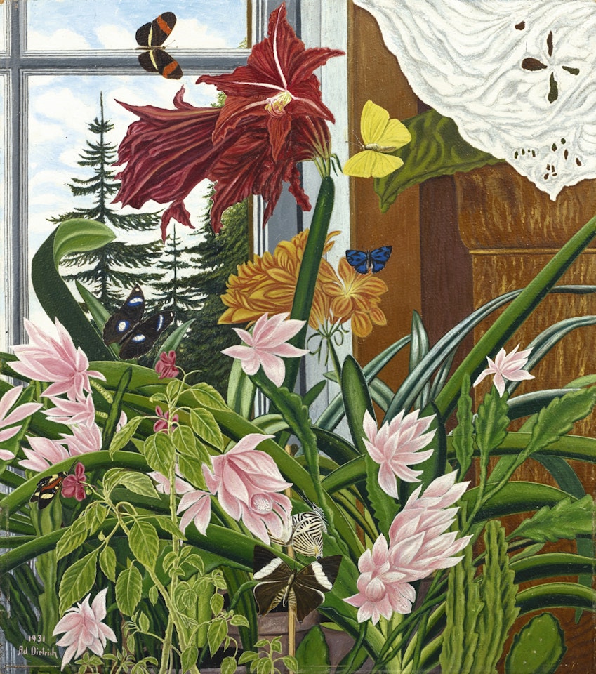 BLUMEN AM FENSTER MIT SCHMETTERLINGEN by Adolf Dietrich