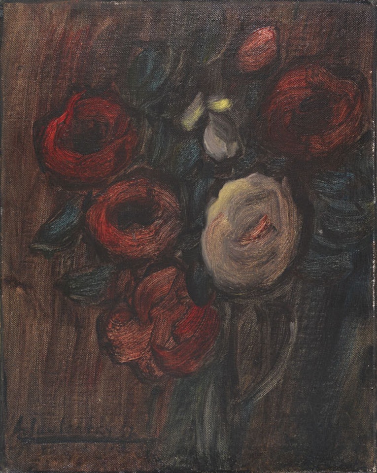 Grosses Stillleben: Grüner Krug mit Pfingstrosen (Dunkles Rosenbouquet) by Alexej von Jawlensky