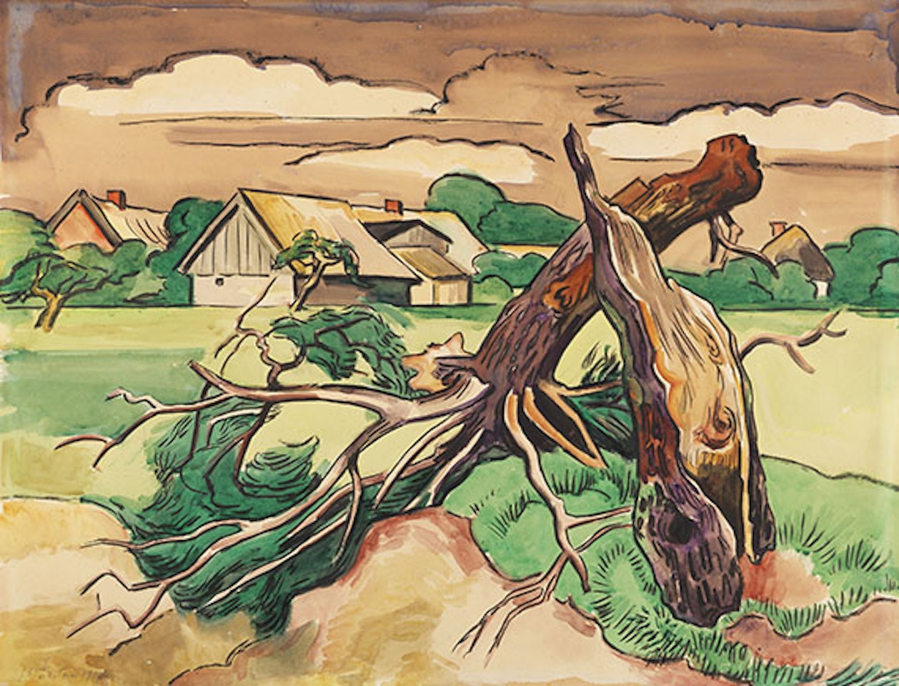 Geknickter Baum vor pommerscher Dorflandschaft by Max Pechstein