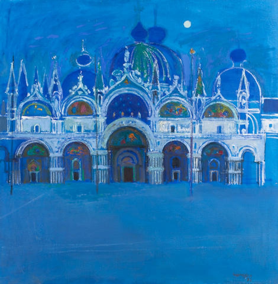 The Basilica Di San Marco, Moonlight by Alberto Morrocco