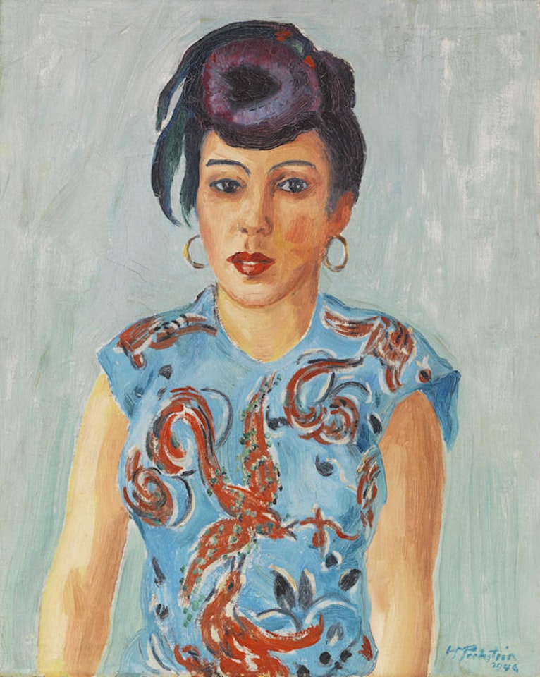 Bildnis Freda Wermel in blauer Bluse by Max Pechstein