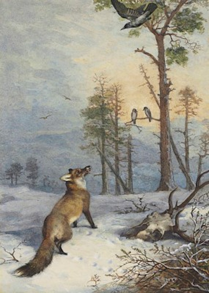 Fox and crow by Archibald Thorburn