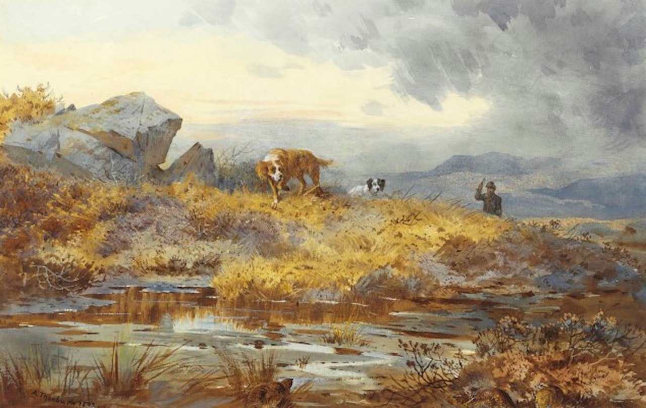 A sportsman and setters on point by Archibald Thorburn