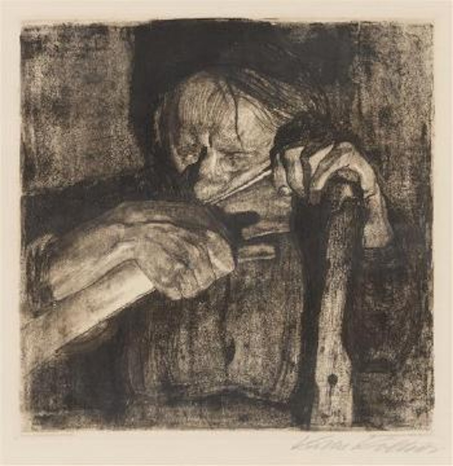 Beim Dengeln (Sharpening the Scythe) (pl. 3 from Bauernkrieg (Peasants’ War)) ,
1905 by Kathe Kollwitz