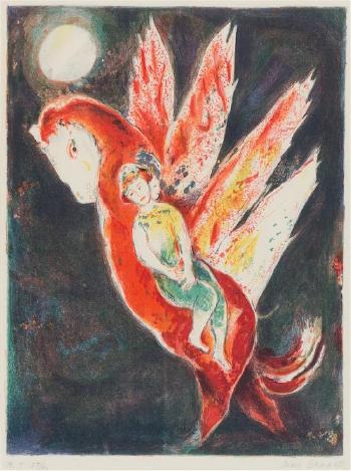 Then the Old Woman Mounted the Ifrit’s Back, Taking Her Daughter Behind Her (from Four Tales from the Arabian Nights) ,
1948 by Marc Chagall
