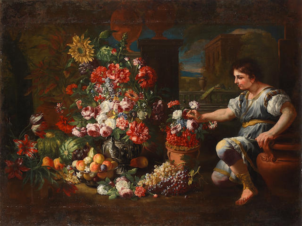 A young man beside an earthenware jar of wild strawberries alongside a silver-gilt urn filled with flowers by Abraham Brueghel
