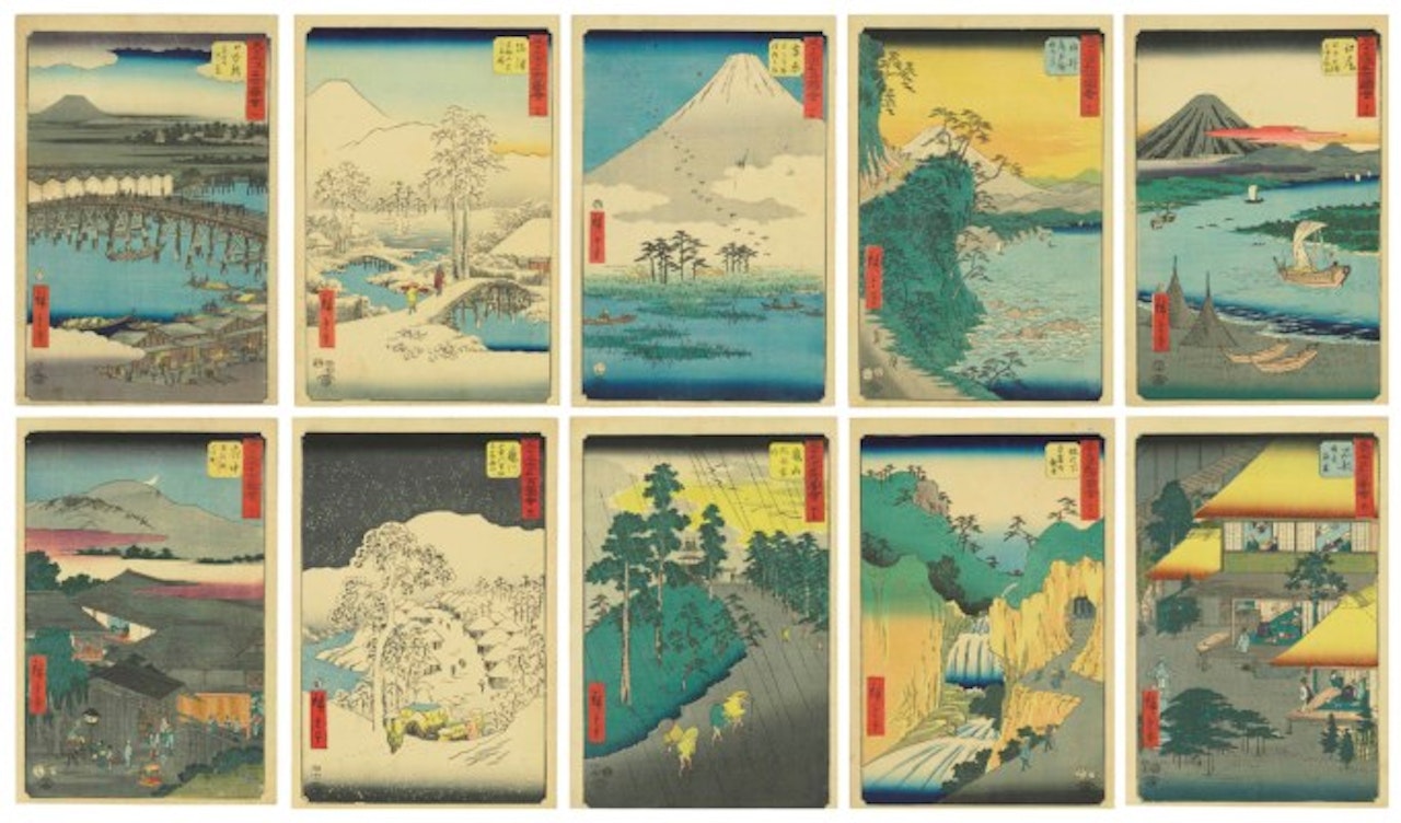 THE COMPLETE SET OF THE SERIES PICTURES OF FAMOUS PLACES ON THE FIFTY-THREE STATIONS (THE VERTICAL TOKAIDO) by Utagawa Hiroshige