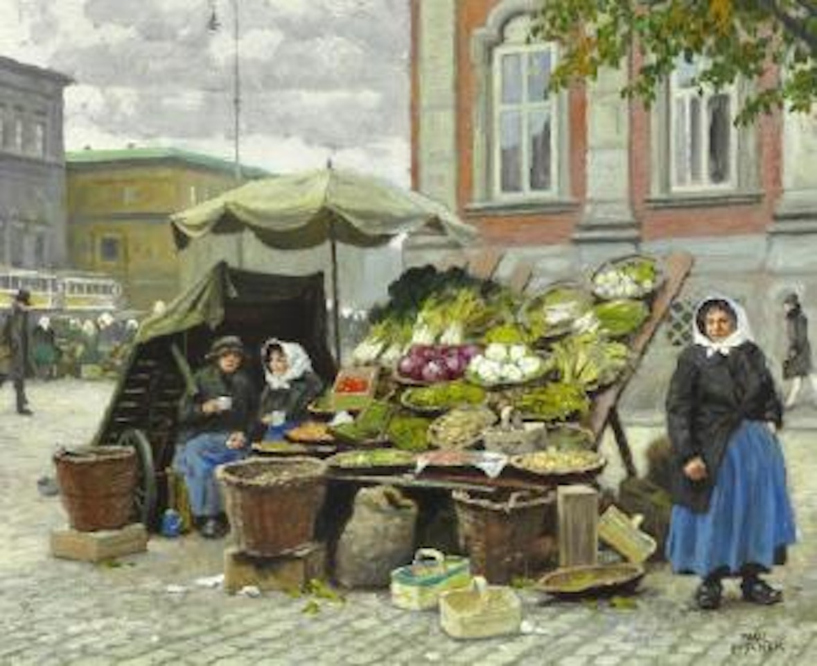 Vegetable stalls at Højbro Plads , by Paul Fischer