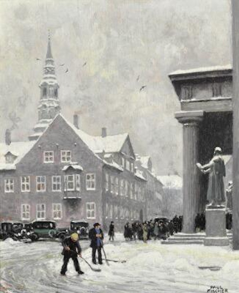 Winter day at Bispetorvet with men shoveling snow at Vor Frue Kirke (The Cathedral) , by Paul Fischer