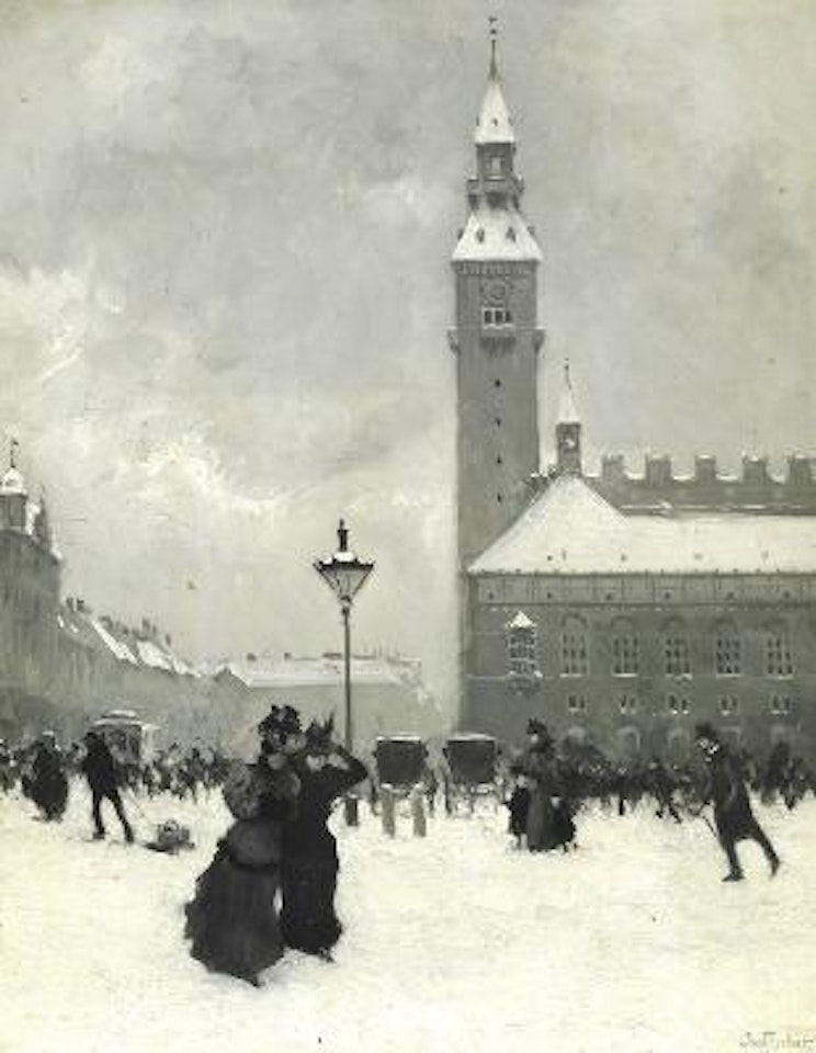 Elegant women on Rådhuspladsen (Town Hall Square) in Copenhagen on a snowy day , by Paul Fischer