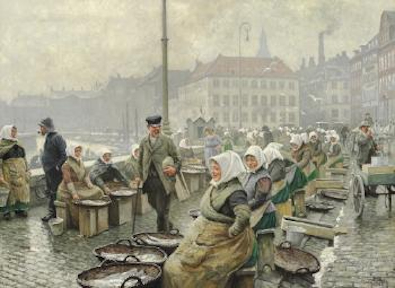 Fishermen's wives selling fresh fish at Gammel Strand in Copenhagen ,
1923 by Paul Fischer