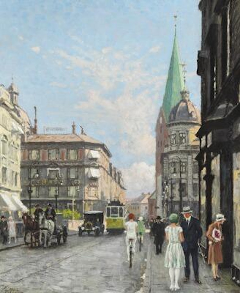 Street scene from Saint Clemens Torv (Square) in Aarhus with tram, horse carriage and numerous people , by Paul Fischer