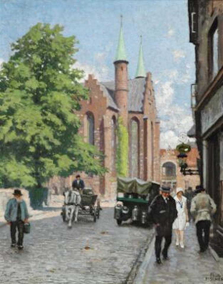 A summer day in Skolegade in Aarhus with the Cathedral in the background , by Paul Fischer