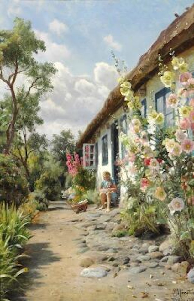 A summer day with hollyhocks and a girl sitting with her doll and a doll's tram in front of the farm house ,
1935 by Peder Mork Monsted
