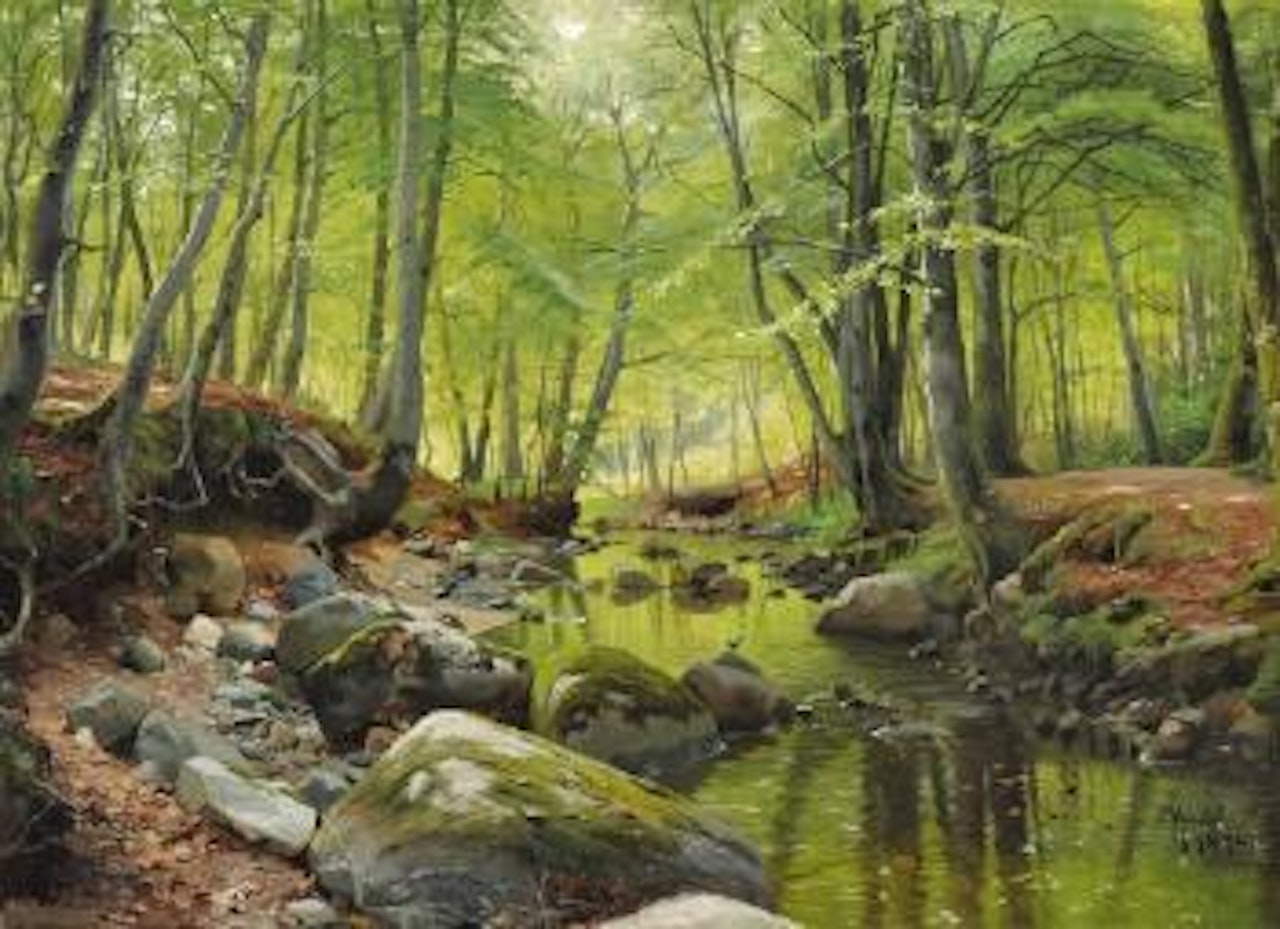 A stream running through a beech forest on a spring day ,
1890 by Peder Mork Monsted