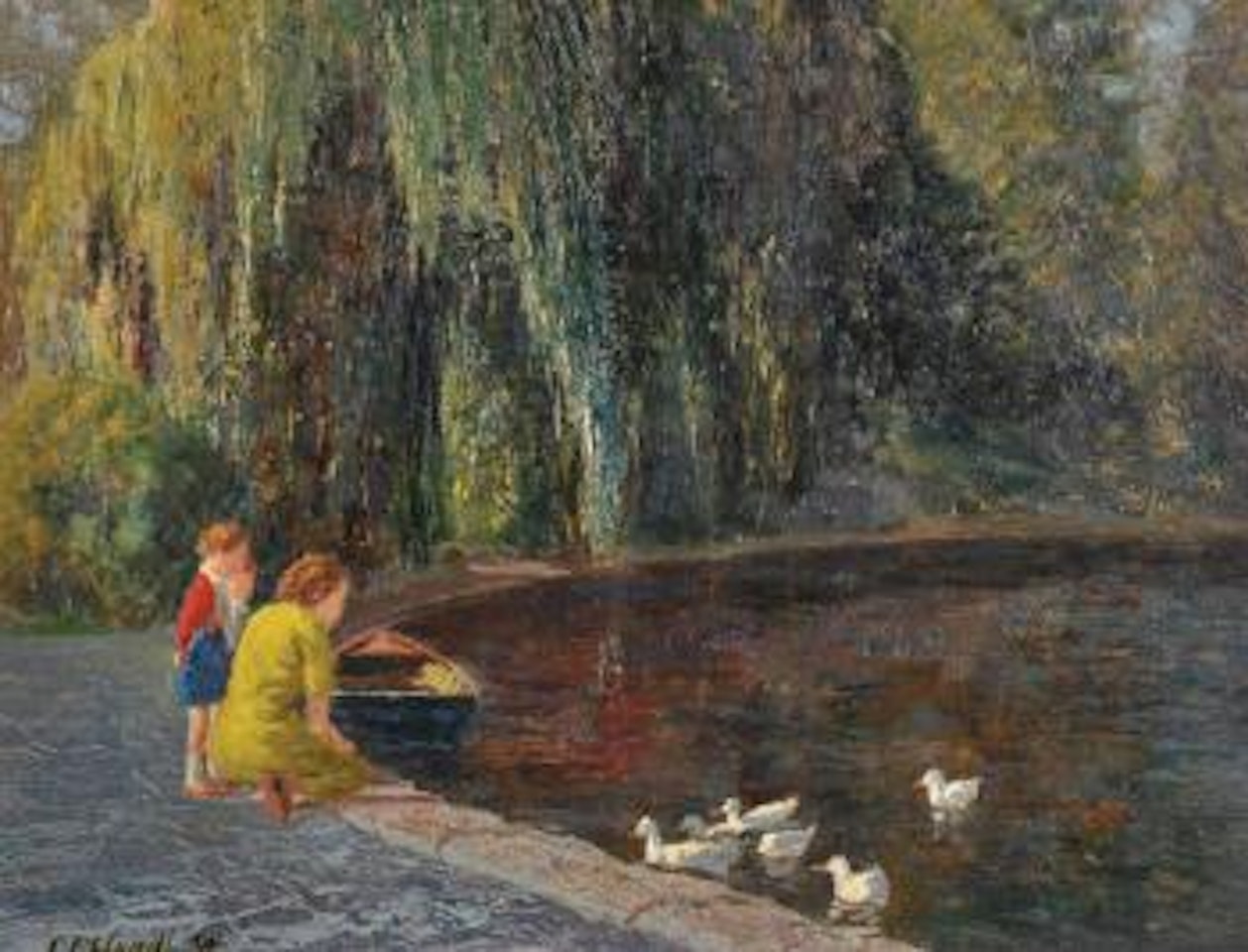 Feeding the Ducks, a Mother and her Children by a Pond ,
1934 by Edward Cucuel