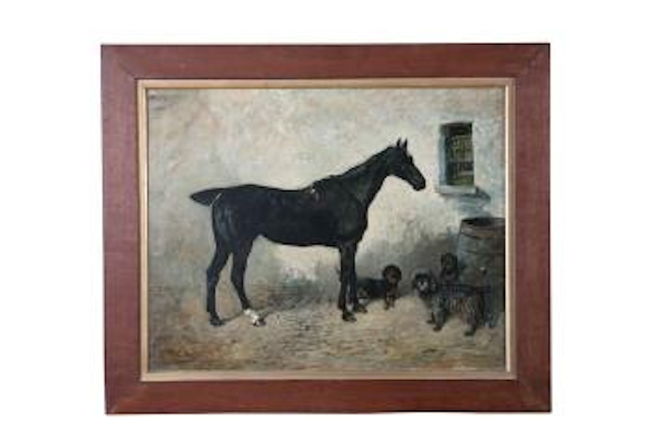Portrait of a Horse, Outside a Stable with a Dandydidmont and Dachshunds by a Water Barrel ,
1896 by John Emms