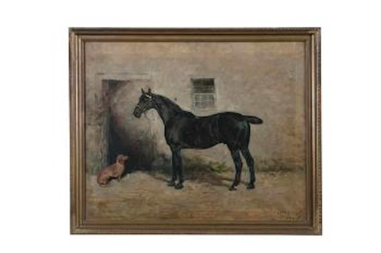 Portrait of a Cob, Outside his Stable with a Dachshund ,
1902 by John Emms