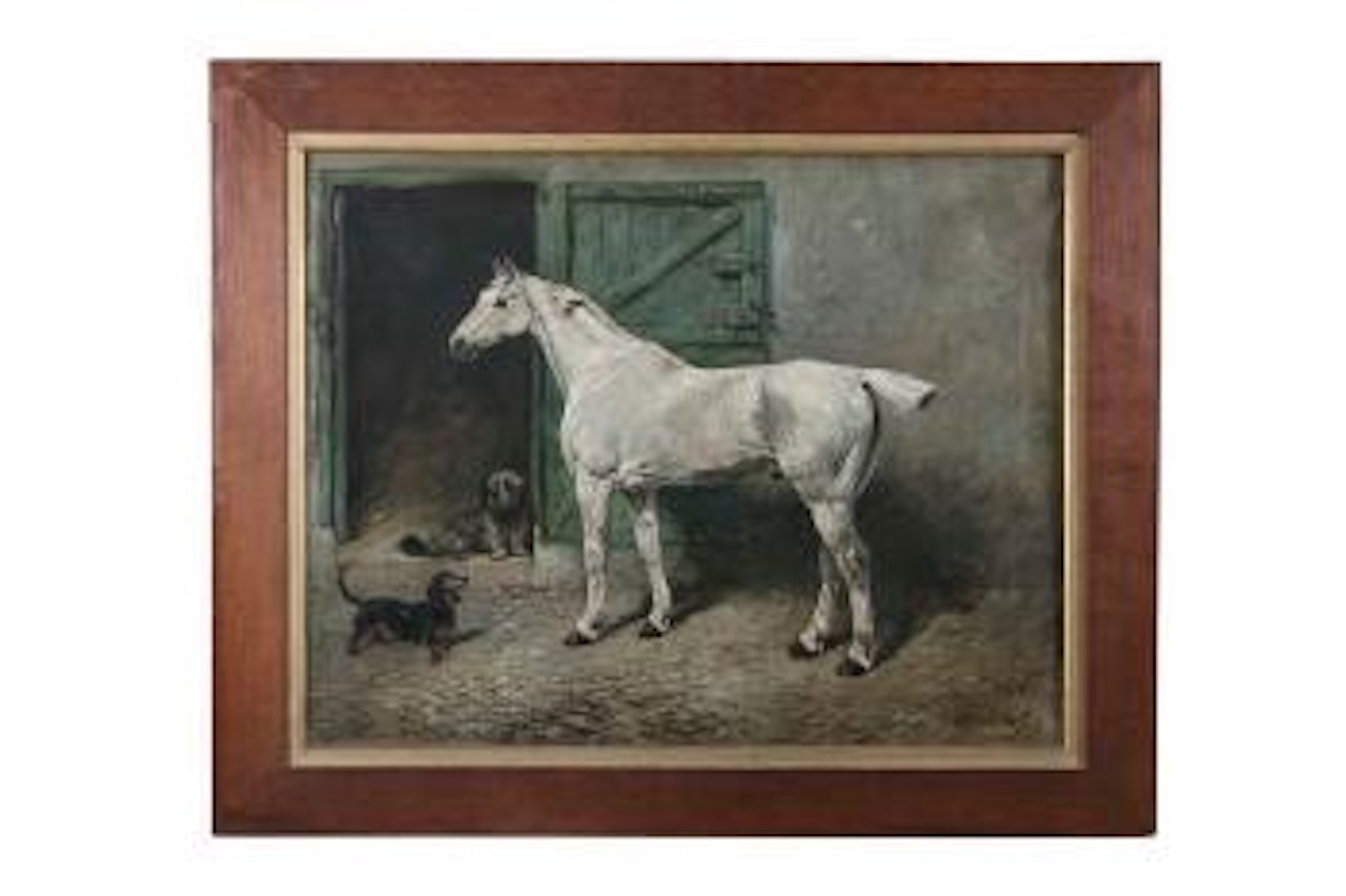 Portrait of a Grey Cob, Outside His Stable with a Dandydidmont and a Dachshund ,
1896 by John Emms