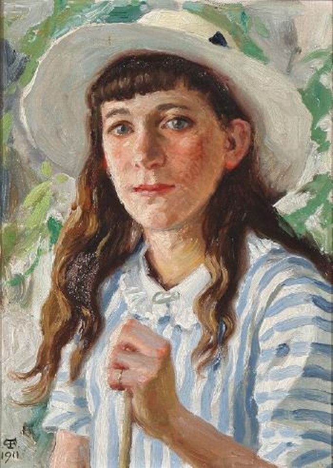 Portrait of a young woman in a white summer hat ,
1911 by Paul Fischer
