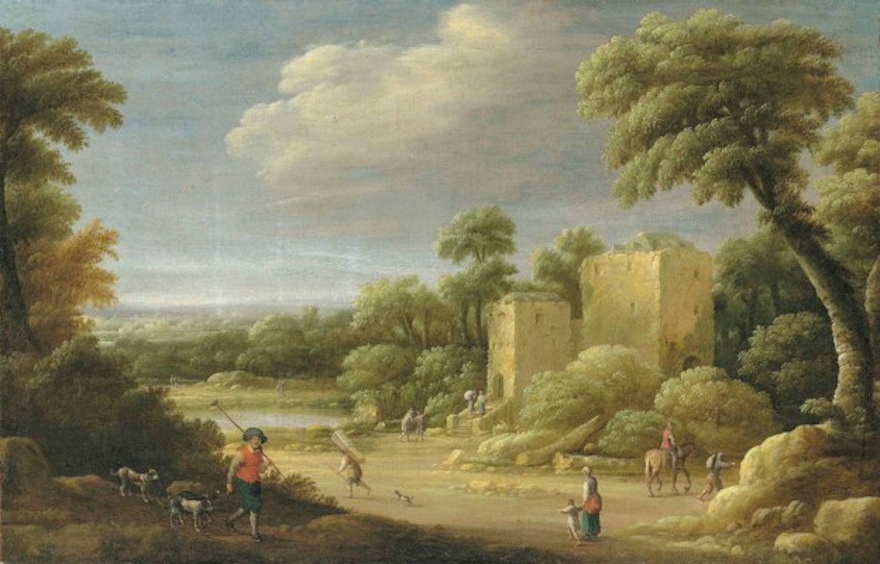An extensive wooded landscape with townsfolk by a villa by Joost Cornelisz Droochsloot