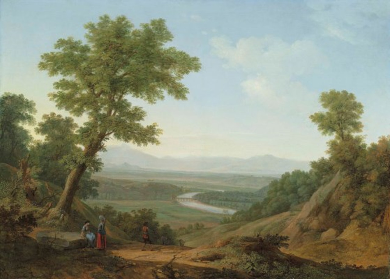 The slopes of Monte Mario, Rome, with the Tiber looking upriver and the Milvian Bridge beyond by Jacob Philipp Hackert