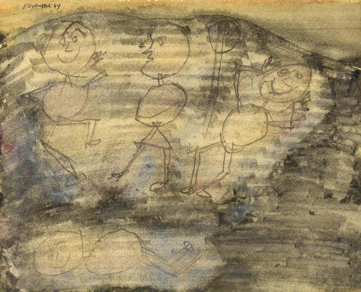 PAYSAGE ROSE ET GRIS AVEC QUATRE PERSONNAGES DONT UN COUCHÉ by Jean Dubuffet