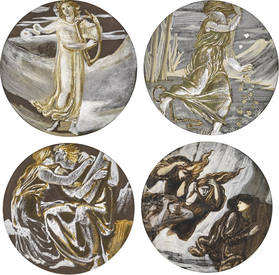 ORPHEUS AND HIS LUTE; EURYDICE BITTEN BY A SERPENT; ORPHEUS AND EURYDICE REUNITED; ORPHEUS PURSUED BY FURIES by Edward Coley Burne-Jones
